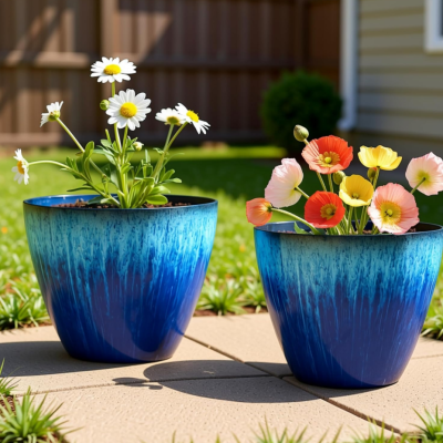 Set of 2 Flower Pots – Plastic Planters with Bottom Drainage Holes – 20cm Glossy Finish Pots – Suitable for Indoor & Outdoor Plants (Blue Glazed Finish, Set of 2)
