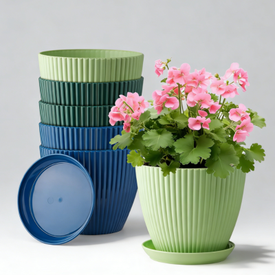 Plastic Flower Pots (Set of 6, 19 cm size) — Includes Drainage Holes and Saucers; Suitable for Indoor and Outdoor Spaces (Blue, Green, and Dark Green Assortment)