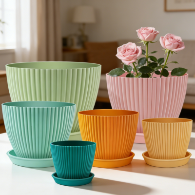 Flower Pots with Drainage Saucers (6-Piece Set: 19/17/15/13/10/9 cm) — Plastic Material with Multi-Hole Drainage; Versatile for Nursery Use and Indoor/Outdoor Planting (Multi-Color)