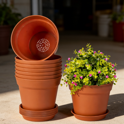 Flower Pots (19 cm Plastic Pots) — Features Multiple Drainage Holes and Saucers; Ideal for Household Flowers and Succulents (Set of 8)