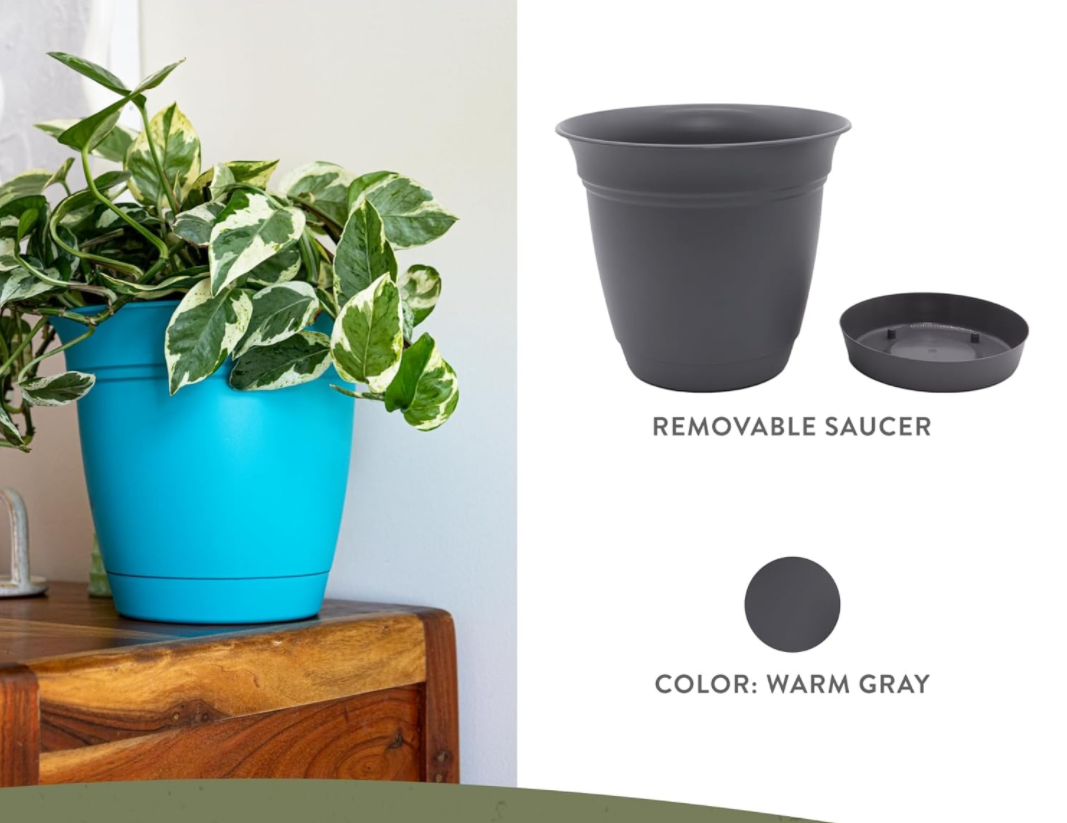 Round Planter with Saucer – Indoor & Outdoor Gardening Pot with Drainage Hole – Lightweight, UV-Resistant Plastic Material (20cm Warm Grey, Single Pot) - Image 2