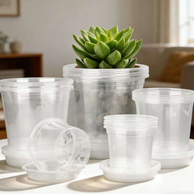 Transparent Nursery Pots (10/13/15/18cm) with Saucers, 20-Pack — Mixed-Size Plastic Set, Suitable for Indoor & Outdoor Planting