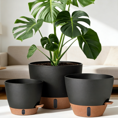 30/25/20cm Self-Watering Planters – Plastic Pots for Indoor & Outdoor Plants – Features Water Level Indicator & Reservoir – Includes Saucers (Black)