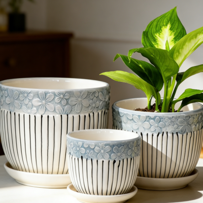 Ceramic Flower Pot Set, 3-Piece (17/14/11cm) — With Drainage Holes & Saucers, Decorative Indoor/Outdoor Planters, Suitable for Succulents
