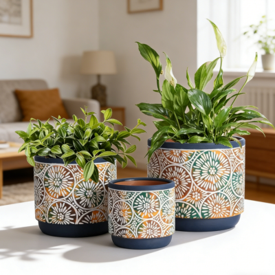 Ceramic Indoor Pots, 3-Piece Set — With Drainage Holes (14/12/9cm), Suitable for Lilies, Cacti, & Bamboo (Blue)