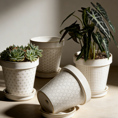 Ceramic Flower Pots (15cm) — With Drainage Holes & Saucers, Embossed Texture Planters, Suitable for Indoor Succulents & Cacti (4-Pack, Arctic White)