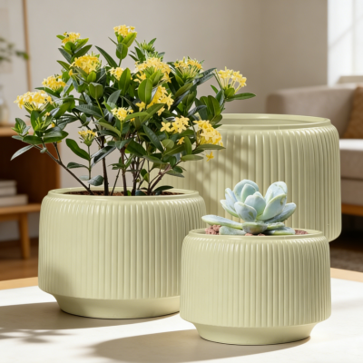Ceramic Flower Pot Set, 3-Piece (25/19/15cm) — Round Indoor/Outdoor Planters with Drainage Holes (Green)