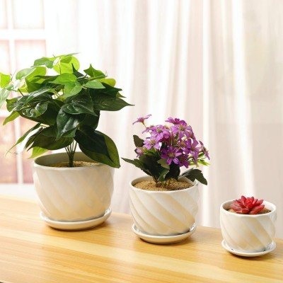 Ceramic Flower Pot Set, 3-Piece — Indoor Flower Pot with Saucer – Small & Medium Round Ceramic Pot Set (White)