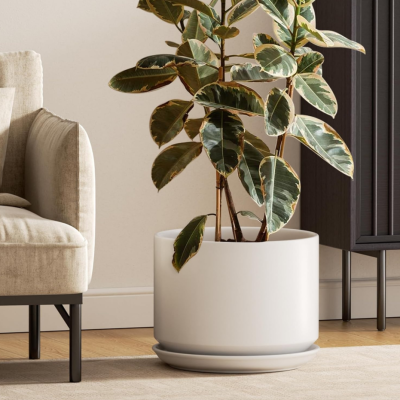 30cm Ceramic Pot with Drainage Hole and Saucer – Large Planter, Perfect for Home and Office Decor (White)
