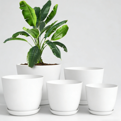 Indoor Gardening Pots with Drainage Holes – 5-Piece Set of White Plastic Planters (18/17/15/13/12cm) – Ideal Decor for Rooms & Offices