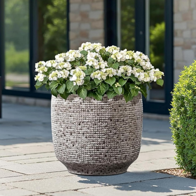 Large 39cm-Diameter Round Ceramic Planter — Gray Grid-Patterned Glaze — Ideal for Outdoors & Gardens — Includes Drainage Hole & Rubber Stopper — Suitable for Indoor & Outdoor Use