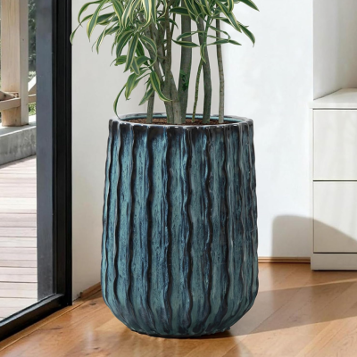 Tall 43cm Ceramic Planter — Large Ribbed Design — Includes Drainage Hole & Rubber Stopper — Green Gradient Finish — Perfect for Outdoor & Balcony Display