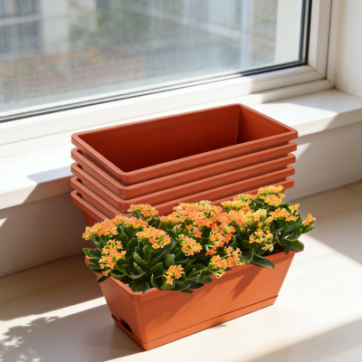 Rectangular Window Box Planters – Set of 7 Plastic Pots – 43cm Rectangular Design with Saucers – Suitable for Balconies & Home Spaces (Red)