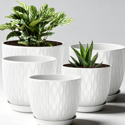 Plastic Flower Pot Set (5-Piece: 25/23/20/19/18 cm) — Includes Drainage Holes and Saucers; Ideal for Living Rooms and Patios (White)